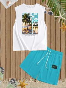 Manfinity RSRT Set di canotta aderente con stampa grafica e pantaloncini con taschino, misura standard uomo