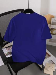 青少年男童休闲简约“67”数字图案短袖圆领T恤，街头风，印有67字样，舒适休闲，适合外出和运动，藏蓝色上衣 - 藏蓝色 - 查看 2