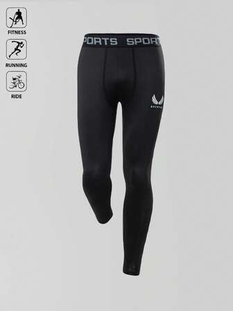 Manfinity Sport Polished Leggings deportivos con estampado de alas y letra, de corte elástico para hombre