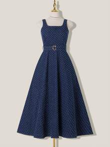 SHEIN MOD 女士提花金属装饰腰带设计时尚百搭无袖牛仔连衣裙 - 深色水洗藍 - 查看 5