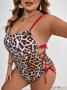 SHEIN CURVE+ 大码女式豹纹侧抽绳连体泳衣，适合海滩度假 - 彩色 - 查看 5