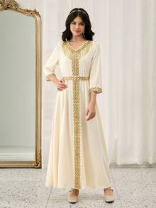 Teenage White Long Dress With Short Sleeves, Middle Eastern Style Long Robe With Fringe - White - View 3