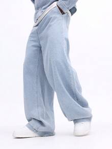 SUMWON 阔腿牛仔裤，卷边裤脚，侧边口袋，经典宽松版型，全长休闲日常下装，纯色 - 藍色 - 查看 5