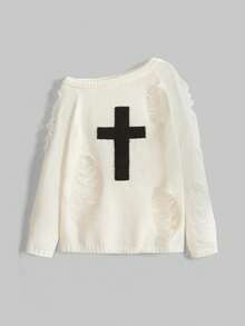 ROMWE Grunge Punk 女士 Y2K 超大款圆领做旧镂空十字水钻装饰长袖套头毛衣 - 杏色 - 查看 1