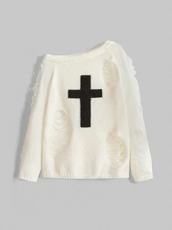 Grunge Punk كنزة صوفية كنزة نسائية بياقة مقطوعة كبيرة الحجم، مزينة بالراين ستون والتصميم المشقوق، بأكمام طويلة