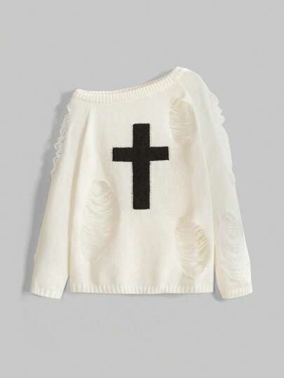 Grunge Punk كنزة صوفية كنزة نسائية بياقة مقطوعة كبيرة الحجم، مزينة بالراين ستون والتصميم المشقوق، بأكمام طويلة