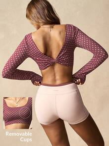 VARSIVA Pink Polka Dot Print Workout Women Sets 2pcs/Set Women Polka Dot Long Sleeve Br And Shorts Sports Suit, Pink Sets, Pink Dot Print, Gym Fitness Yoga Casual Vacation Holiday Spring Summer Fall Winter And All Seasons, Double-Sided Knotted Top Paired With Hip-Lifting Athletic Shorts  Twist-Front Long Sleeve Crop Top Sport Bra Yoga Short Sets For Women Long Sleeve Workout Set Polka Dot Workout Set - Multicolor - View 11
