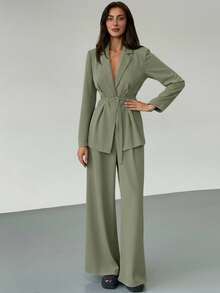 Aloruh 女士简约纯色翻领系带西装外套搭配阔腿裤套装，适合工作和通勤，春秋季穿着。 - 薄荷藍 - 查看 1