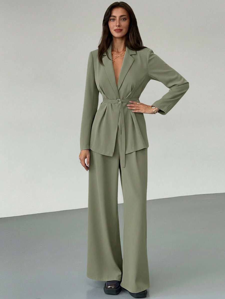 Aloruh 女士简约纯色翻领系带西装外套搭配阔腿裤套装，适合工作和通勤，春秋季穿着。 - 薄荷藍 - 查看 1