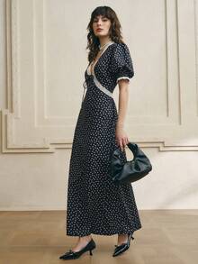 Cévolie Women's Sexy V-Neck Black & White Polka Dot Lace Collar Puff Sleeve Mini Dress - Multicolor - View 8