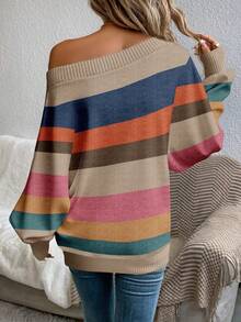EMERY ROSE Casual Asymmetrical Colorful Striped Off-Shoulder Sweater For Women, Suitable For Autumn/Winter - Multicolor - View 2