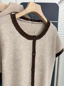 SHEIN Franclia Cardigã casual folgado de malha com gola redonda, mangas curtas, detalhe contrastante e frente aberta, para mulheres, ideal para primavera/outono. - Caqui - Ver 4