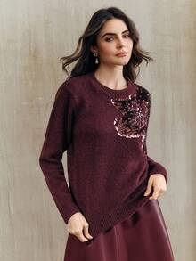 Anewsta Elegant Chic Autumn/Winter Sweater With Embroidered Sequin & Rhinestone Floral Decor, Round Neck - Bold Plum - View 5