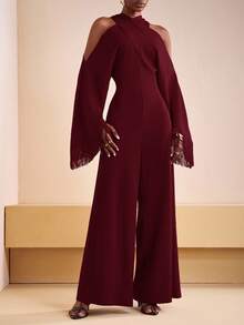 Zivah 2025秋冬新款优雅通勤纯色修身亮红色交叉领口流苏长袖女式连体裤，适合派对、日常出行、乡村音乐会、万圣节、圣诞节、夜间外出、婚礼宾客、生日礼服、女士早午餐装扮、日常出行 -A - 酒紅色 - 查看 4