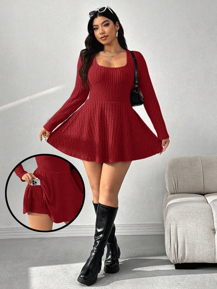 SHEIN EZwear Plus Size Women's Casual Ribbed Knit Crew Neck Cinched Waist Short Jumpsuit Pants, Spring/Autumn - Red - View 1