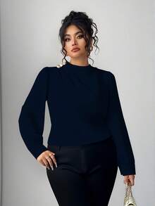 Elenzga Plus Size Solid Color Stand Collar Button Decor Elegant Long Sleeve Shirt - Royal Blue - View 5