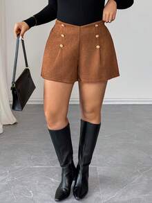 Elenzga Plus Size Women's Chocolate Brown Double-Breasted Wide Leg A-Line Shorts,Summer Elegant Office Metal Button Pleated Decoration Casual Shorts - Brown - View 4