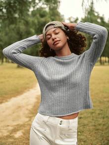 In My Nature Women's Solid Color Stand Collar Ribbed Casual, Outdoor, Versatile Sweater, Autumn/Winter - Grey - View 2