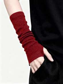 ROMWE Goth 1 双极简风格针织臂套，纯黑色乡村风半袖，轻薄保暖，适合春秋季穿着 - 酒紅色1 - 查看 2