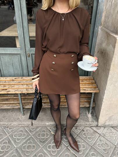 SHEIN Frenchy 女士纯色简约圆领长袖上衣（带纽扣装饰）和半裙两件套