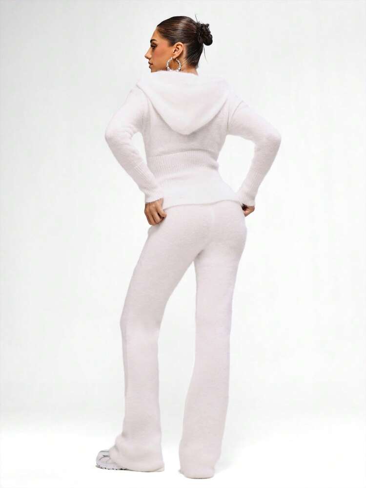 BABYPHAT Crystal Embellished Fluffy Knit Wide Leg Palazzo Pants For Winter Comfort And Luxury Loungewear