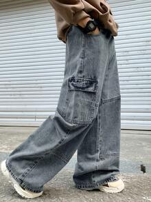 SHEIN 青少年男孩时尚休闲 Y2K 复古酷炫街头口袋设计蓝色牛仔宽松工装牛仔裤，适合日常穿着、春夏锐舞节和街头服饰。 - 藍色 - 查看 4