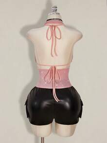 SHEIN ICON Bộ 2 áo ba lỗ hở lưng lấp lánh cho nữ cỡ lớn, đi biển, tiệc tùng Hawaii - Hồng - Xem 2