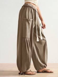 Bohemela 大码女式抽绳腰宽松休闲裤，带大口袋 - 棕色 - 查看 4