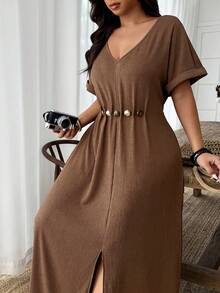 Weeklong Plus Size Women's Beaded Decor Waist Cinched A-Line V-Neck Casual Dress, Spring/Summer Brown Maxi Dress Coffee Brown Dress Linen Maxi Dress - Brown - View 6