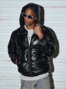 Modcrash Men's Zipper Open Top Hooded Winter Warm, Loose, Lightweight Winter Coat, For Fall - Black - View 8