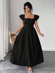 Elenzga 大码女式蝴蝶结前襟荷叶袖方领修身腰身优雅休闲连衣裙 - 黑色 - 查看 4