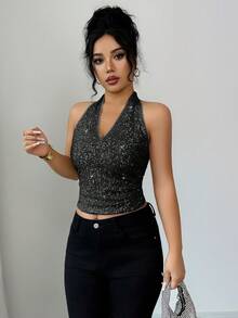 Elenzga Áo hai dây hở lưng cổ chữ V đính sequin lấp lánh cỡ lớn có khoét lưng, trang trí vòng kim loại, phong cách tối giản thanh lịch kiểu Pháp, thích hợp cho Halloween, Giáng sinh, Lễ tạ ơn, Trà chiều, Tiệc tùng, Những dịp bán trang trọng, Thu/Đông - màu đen - Xem 6