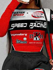 Slaydiva 女式休闲直筒运动裤 + 长袖 T 恤 2 件套/适合秋冬/Y2k 服装/街头服饰/女式两件套/返校/休闲街头/适合嘻哈/F1 赛车图案 - 彩色 - 查看 3