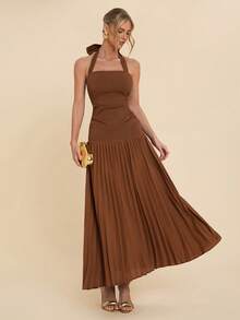 COSMINA Women's Elegant Pleated Halter Dress,Shades Of Brown Summer Sundress For Party,Long Earth Tone Wedding Guest Gown,Suitable For Dates And Gatherings - Rust Brown - View 4