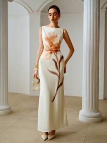 ZEYLAH 修身圆领印花长连衣裙，春夏款 - 白色 - 查看 1