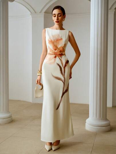 ZEYLAH Fitted Round Neck Long Printed Dress, Spring/Summer