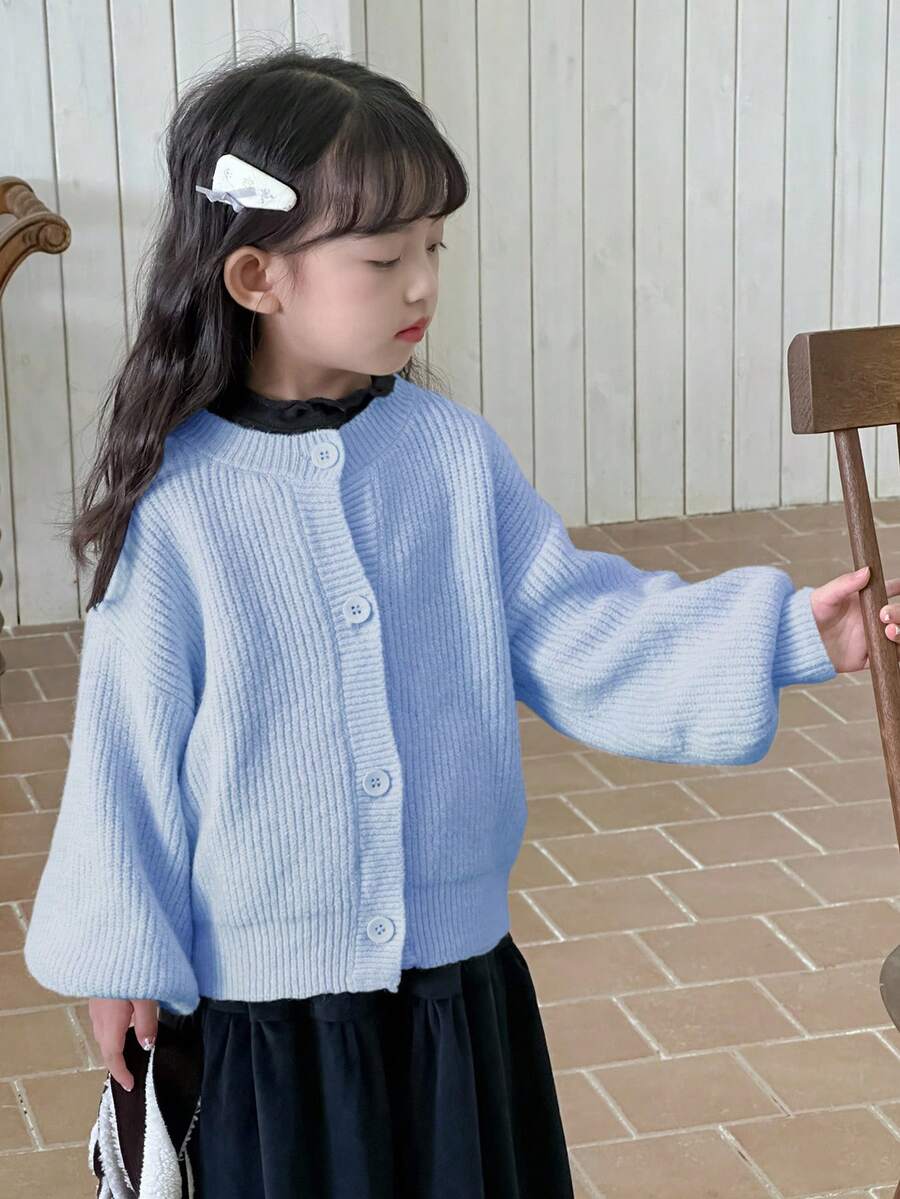 Dazy Kids 年轻女孩休闲日常通勤简约百搭纯色罗纹针织落肩宽松纽扣开衫,秋冬款 - 淺藍色 - 查看 1