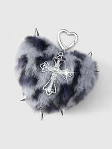 ROMWE Kawaii 1件Y2K复古朋克风高端灰色仿毛皮动物纹铆钉3D心形水晶镂空十字架DIY钥匙扣包饰，适合女性日常佩戴，节日礼物 - 灰色-43 - 查看 6
