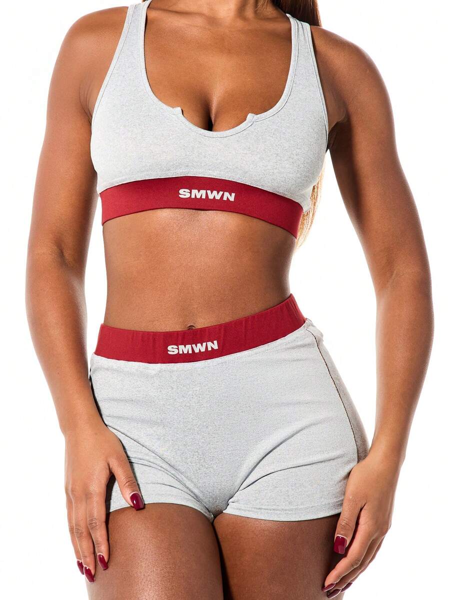 SUMWON WOMEN Grey Notch Neck Sports Bra Top And High Rise Shorts Lounge Set With Contrast Red Trim - Grey - View 1