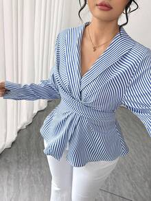 Elenzga 大码女式蓝白条纹裹身衬衫，腰部系带，后背蝴蝶结，适合优雅通勤、办公穿着和日常穿着。 - 藍白色 - 查看 8