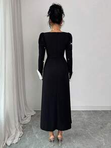 Modelyn Women's Black Long Sleeve Square Neck Beaded Waist A-Line Elegant Dress - Black - View 2