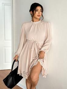 Lounesse Plus Size Waist Cinched Long Sleeve Dress, Apricot Color, Hollow-Out Hem Design, Versatile For Daily Wear And Commute Romantic Valentine Outfits For Women Spring Outfit Women, Spring Dress, Spring Break Outfits Dress Creme Dress Beige Dresses Women - Apricot - View 4