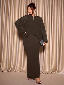 Cravure Plus Size Women's New Chinese Style Chiffon Shawl Collar Lightweight Sun Protection Shirt Jacket & Dress Cover-Up Set - Brown - View 4