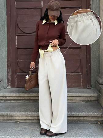 MainGRL 女士休闲日常通勤简约纯色灯芯绒宽松高腰阔腿裤，秋冬款