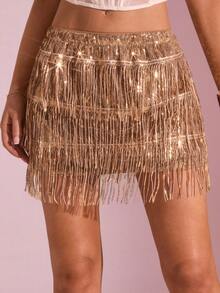 Glamine Women's Sequin Sexy Tassel Elastic Waist Short Bodycon Mini Skirt, Versatile - Gold - View 6