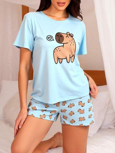 Conjunto de Pijama com Camiseta Gráfica e Shorts Estilo Cartoon
