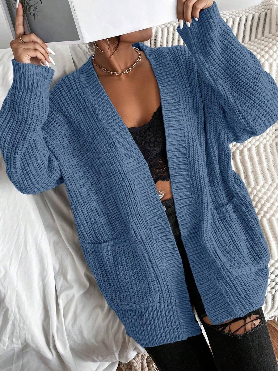 SHEIN LUNE 女士纯色落肩长袖休闲针织开衫,秋冬款 - 藍色 - 查看 1