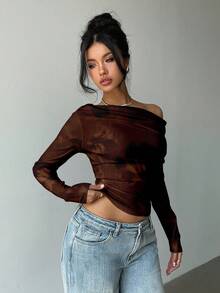 Aloruh 女士休闲不对称扭肩T恤，棕色扎染印花T恤，适合日常穿着、通勤和叠穿，秋冬季长袖针织衫，约会优雅之选，棕色上衣，Y2K风格，复古风 - 棕色 - 查看 5