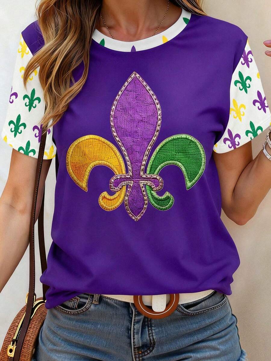 EMERY ROSE Women's Iris Carnival Colorful Contrast Pattern Round Neck Comfortable Casual Short Sleeve T-Shirt, Suitable For Daily And Festival Wear - Multicolor - View 1