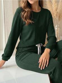 Conjunto de 2 piezas de pantalón y blusa de manga larga de cuello redondo de unicolor, de punto jacquard, holgado y casual para mujer, ropa de otoño e invierno - Verde - Ver 2